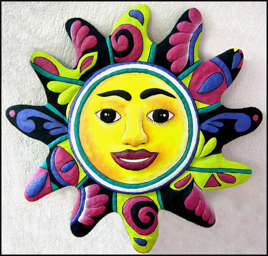 Hand painted metal sun wall hanging - Tropical metal garden and patio art - Handcrafted in Haiti from recycled steel 